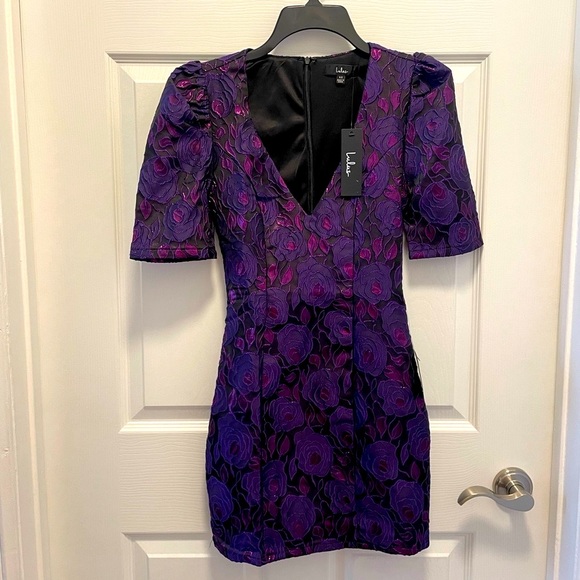 Lulu’s Extravagant Party Shiny Purple Floral Jacquard Bodycon Dress - Picture 1 of 9